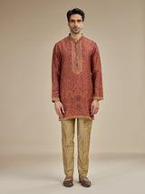 Burnt orange men jamawar printed kurta suit