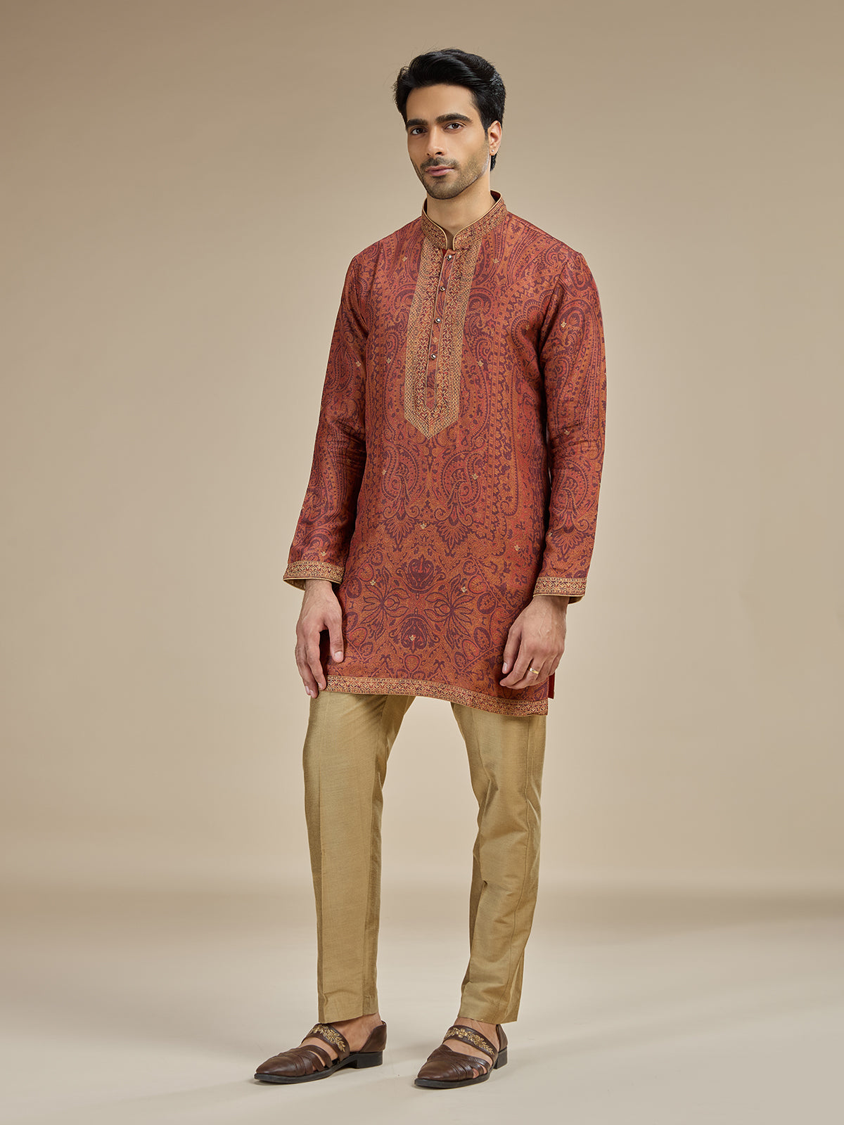 Burnt orange men jamawar printed kurta suit