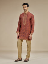 Burnt orange men jamawar printed kurta suit
