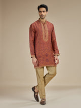 Burnt orange men jamawar printed kurta suit