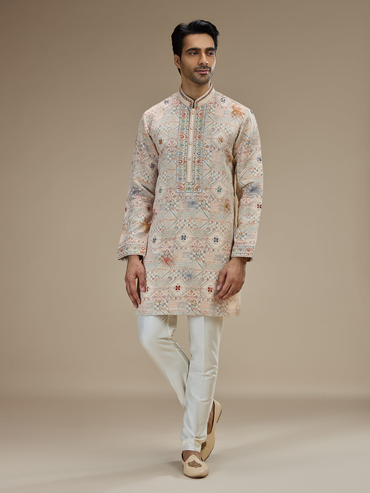 Cream men abhla floral embroidered kurta pajama
