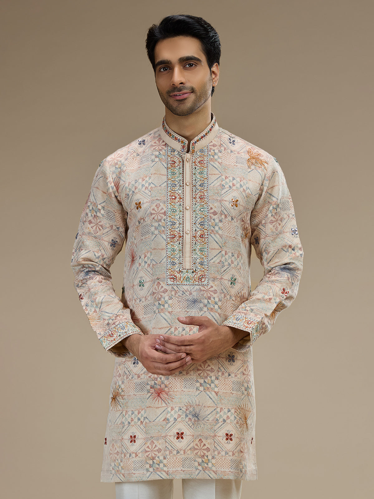 Cream men abhla floral embroidered kurta pajama