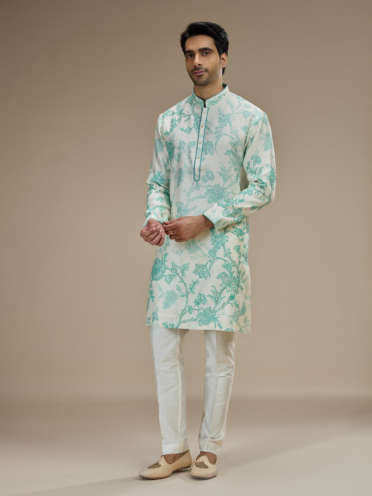 Off white men sea green botanical kurta suit