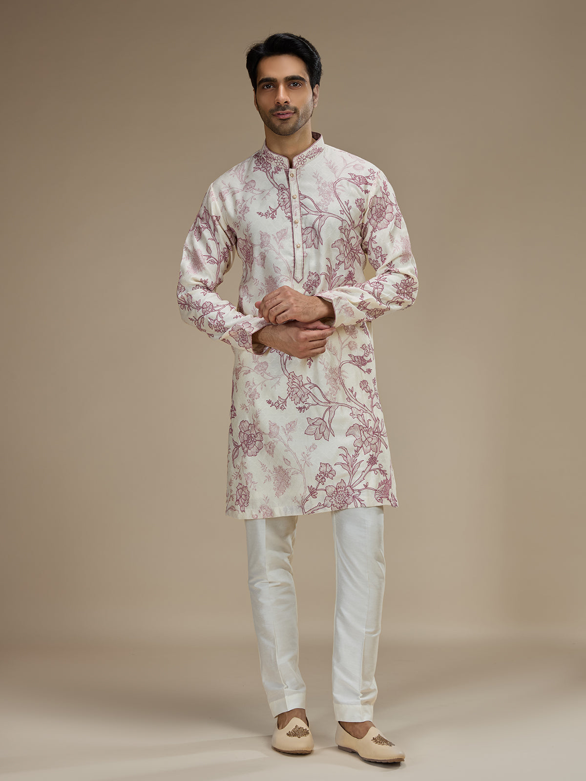 Off white men wine botanical printed kurta pajama