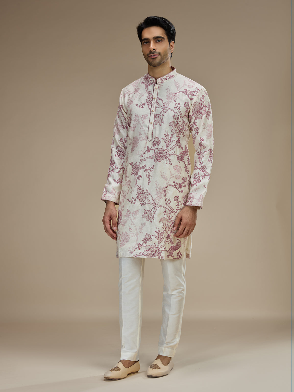 Off white men wine botanical printed kurta pajama