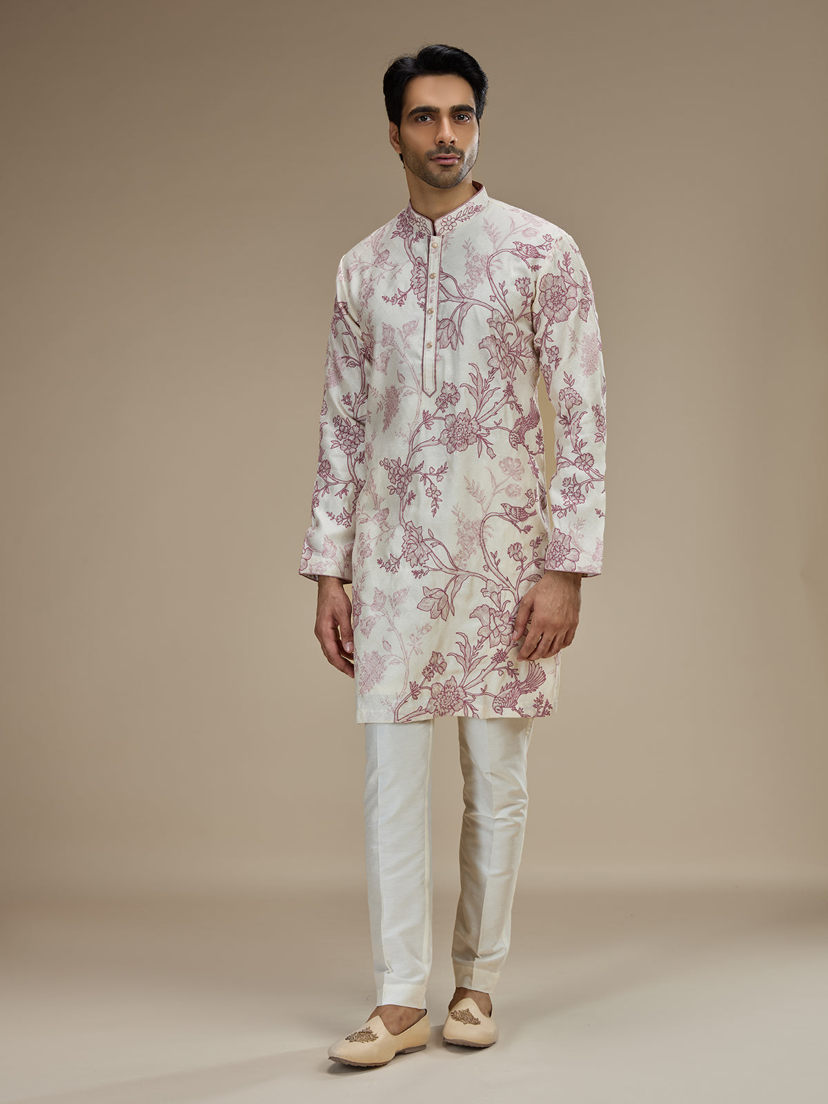 Off white men wine botanical printed kurta pajama