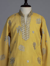 Mustard yellow silk blend kurta suit for boys with embroidery