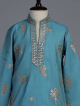 Blue silk blend kurta suit for boys with embroidery and sequins