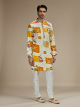 Cream men rani pink ikat kurta pajama