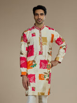 Cream men multicolor ikat embroidered kurta suit