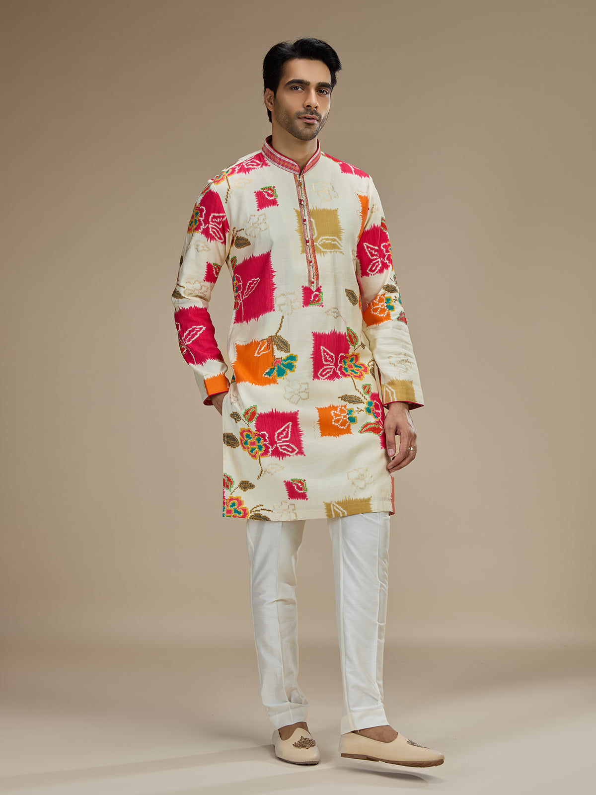 Cream men multicolor ikat embroidered kurta suit
