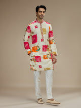 Cream men multicolor ikat embroidered kurta suit