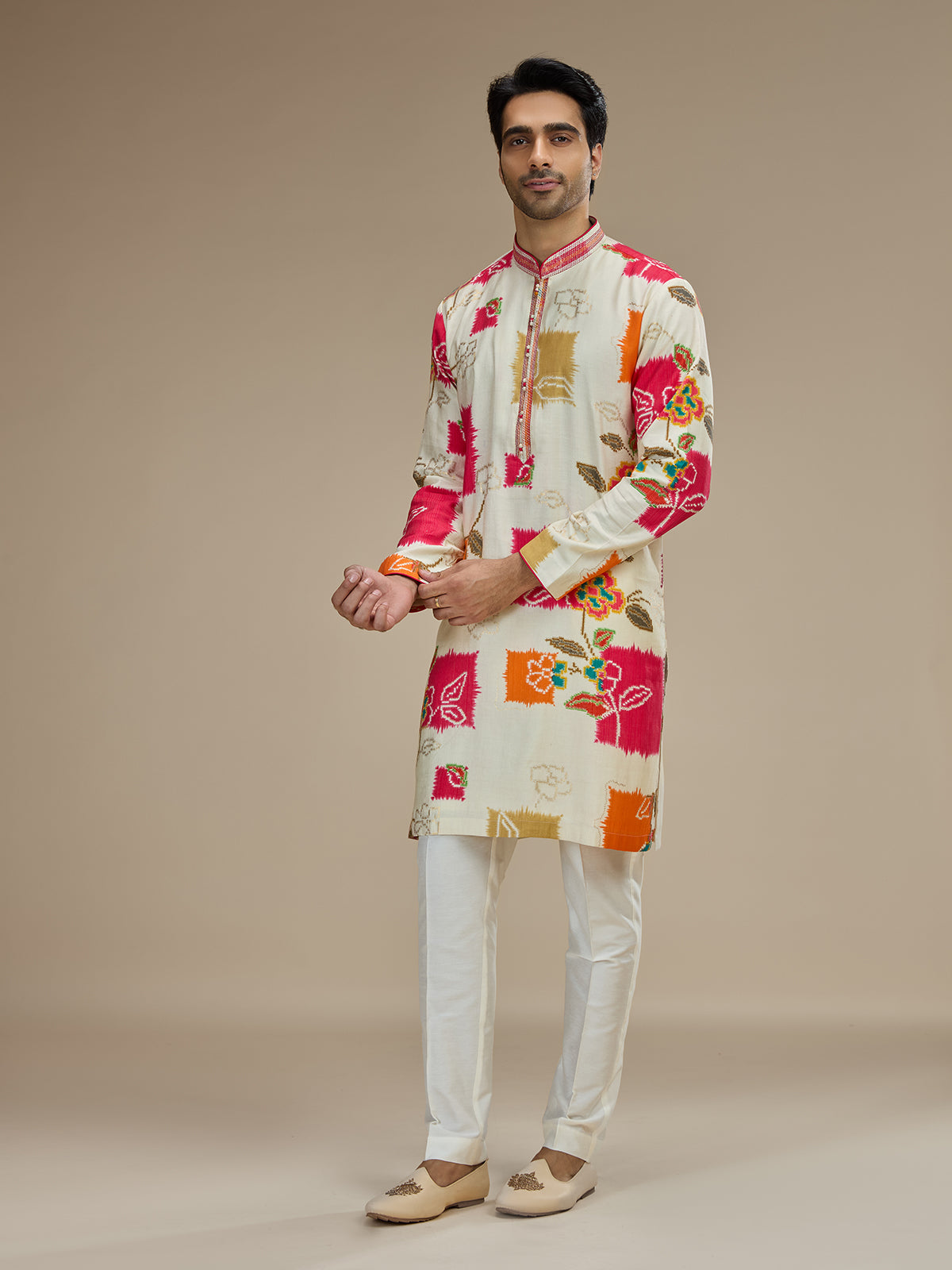 Cream men multicolor ikat embroidered kurta suit
