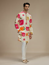 Cream men multicolor ikat embroidered kurta suit