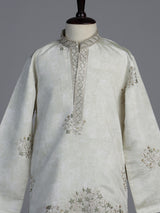 Off white silk blend kurta suit for boys with embroidery
