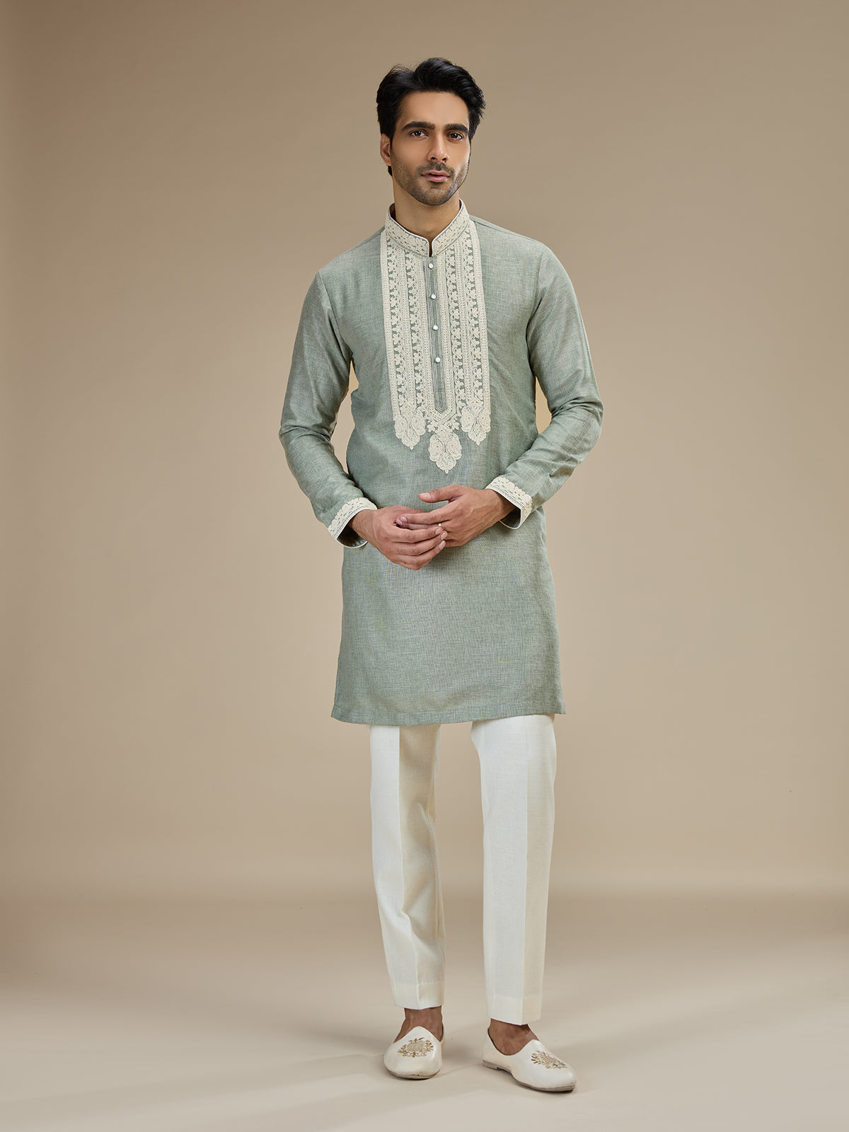 Sage green men lucknowi chikankari kurta pajama