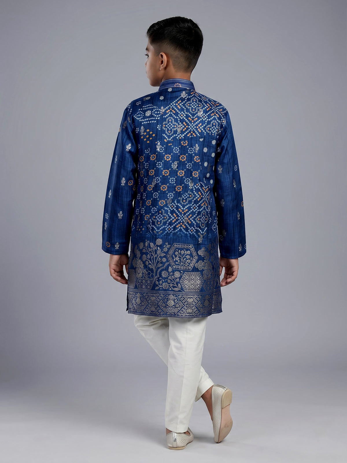 Blue silk blend Bandhani kurta suit for boys with zari elegance