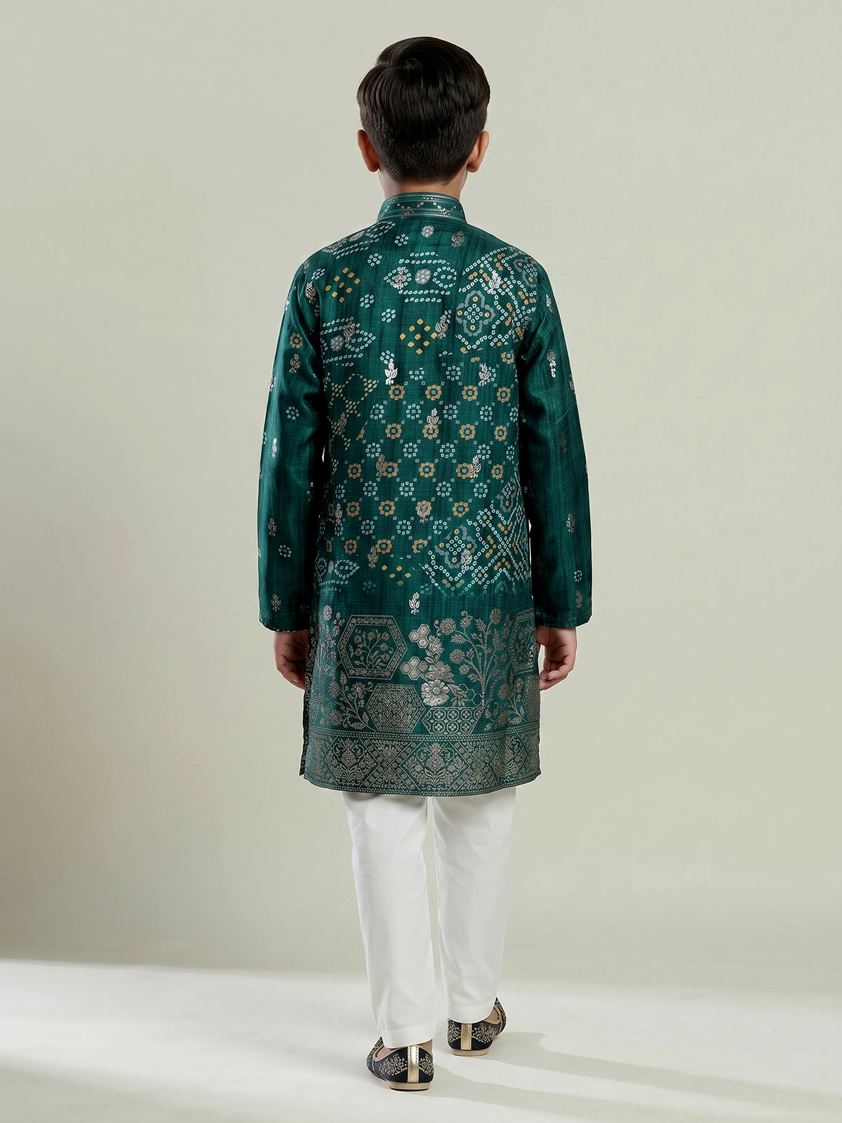 Green silk blend bandhani kurta suit for boys with zari work