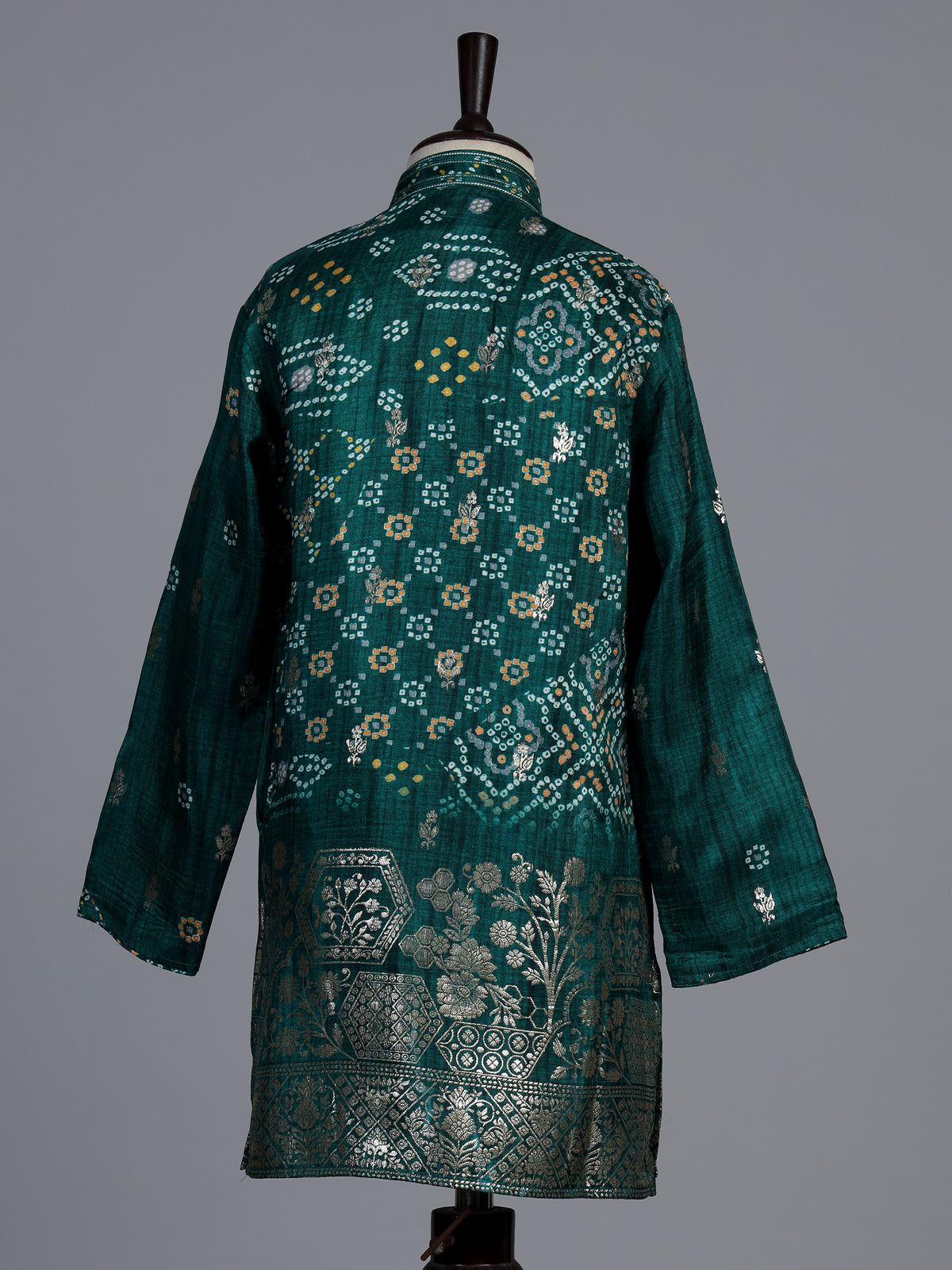 Green silk blend bandhani kurta suit for boys with zari work