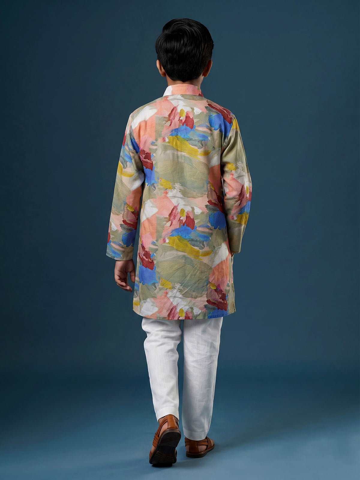 Multicolour cotton silk printed kurta suit for boys for festive charm
