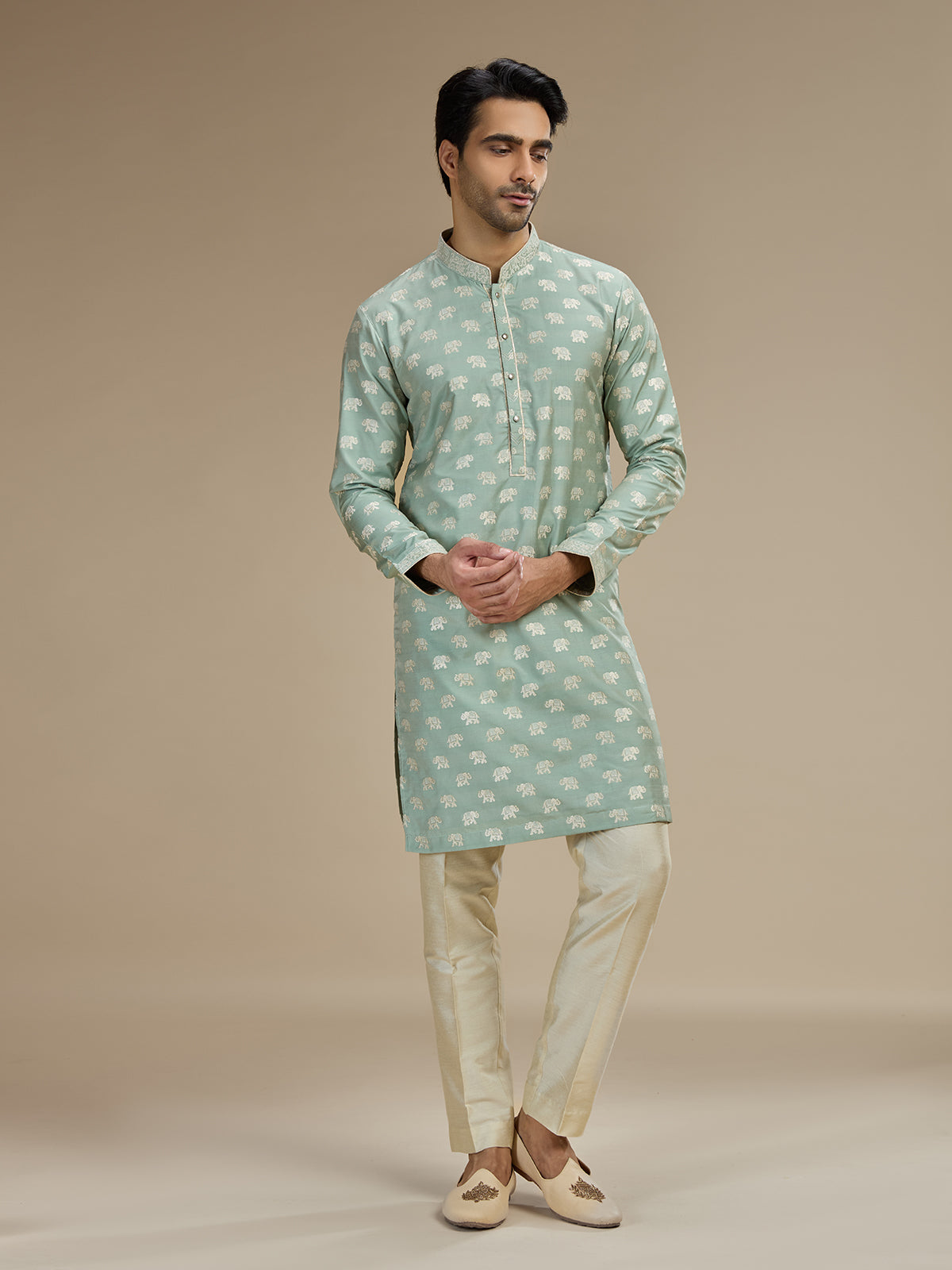 Mint green men royal elephant brocade kurta pajama