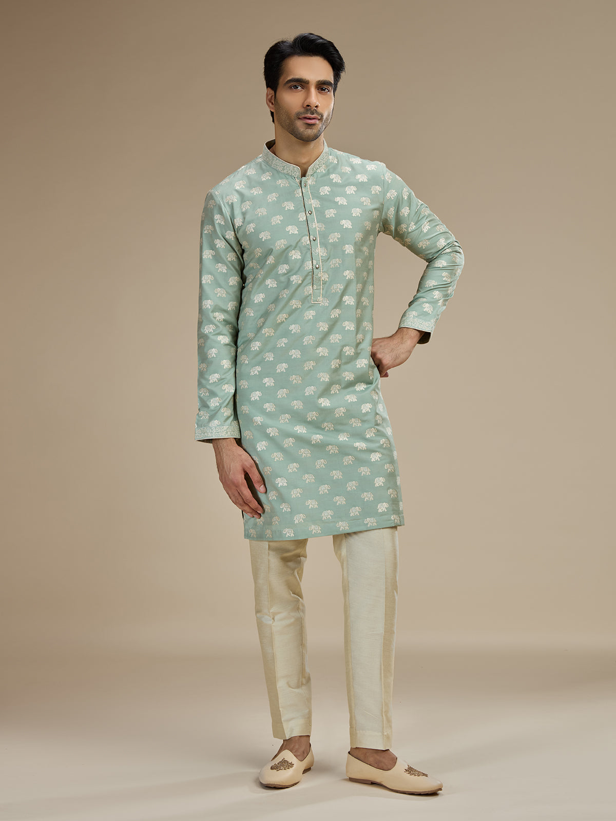 Mint green men royal elephant brocade kurta pajama