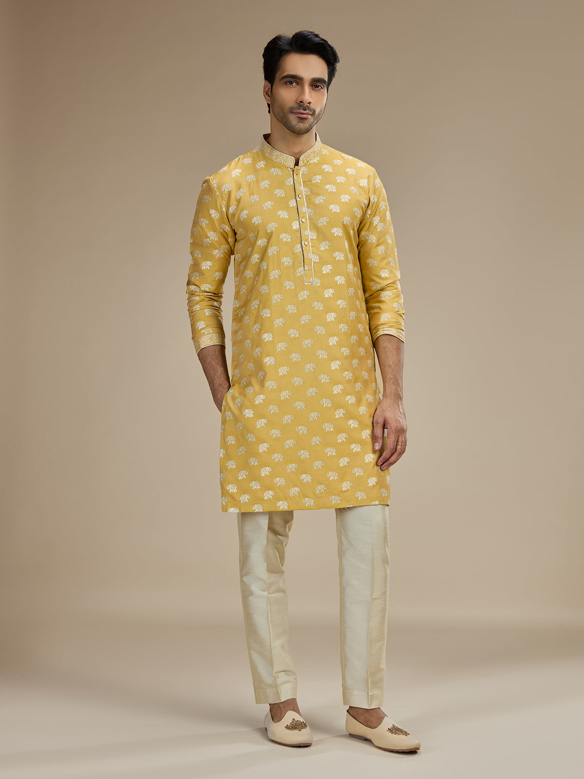 Yellow mens regal elephant banarasi kurta suit