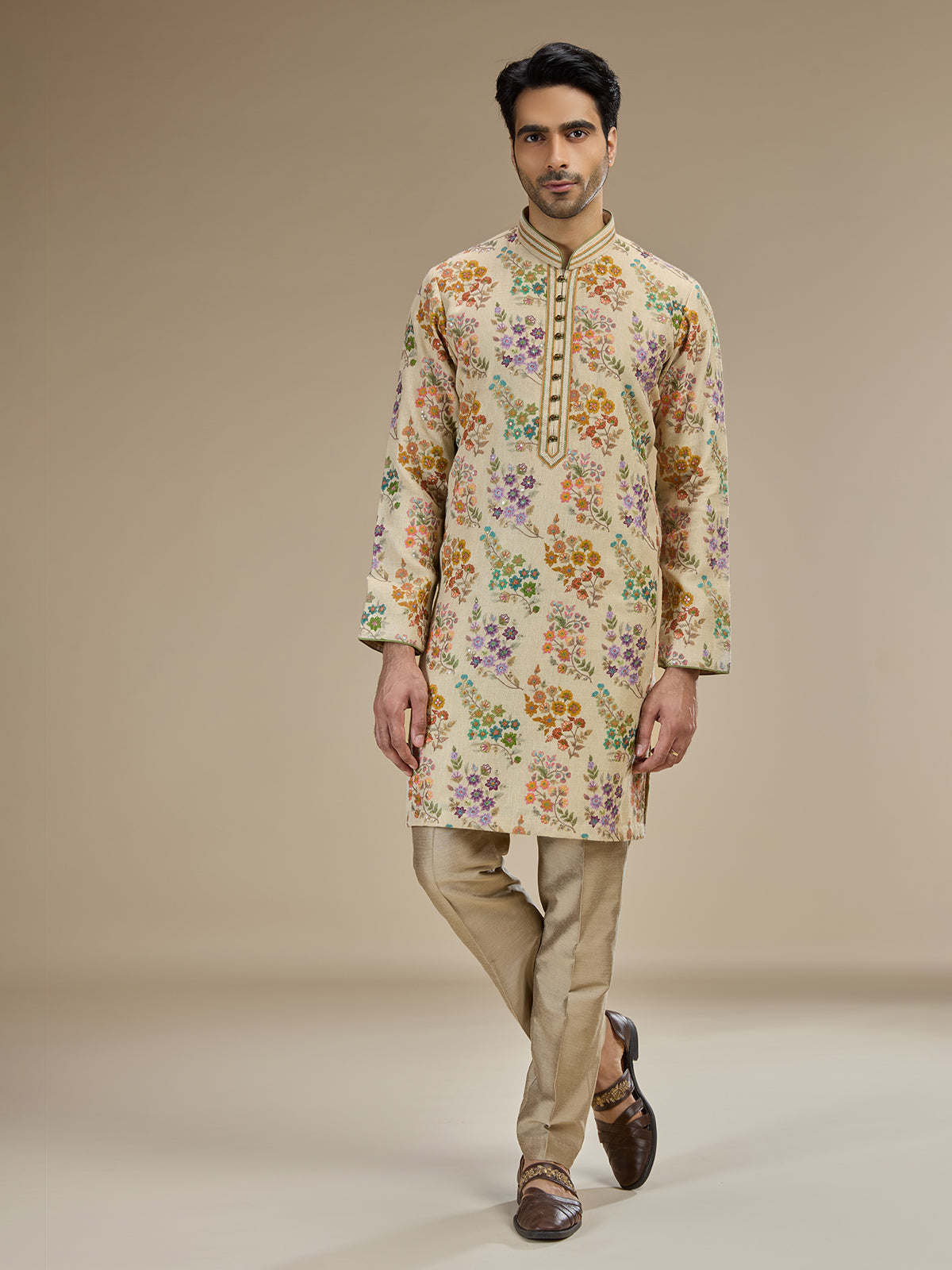 Beige gold mens parsi gara tussar kurta suit