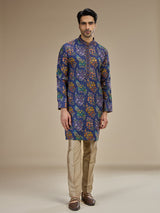 Royal blue mens embroidered tussar silk kurta pajama