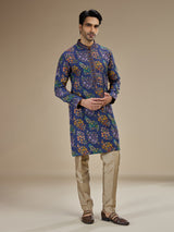 Royal blue mens embroidered tussar silk kurta pajama