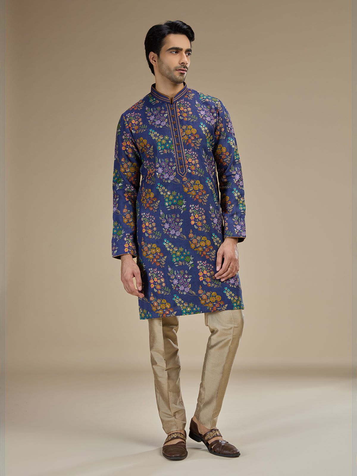 Royal blue mens embroidered tussar silk kurta pajama
