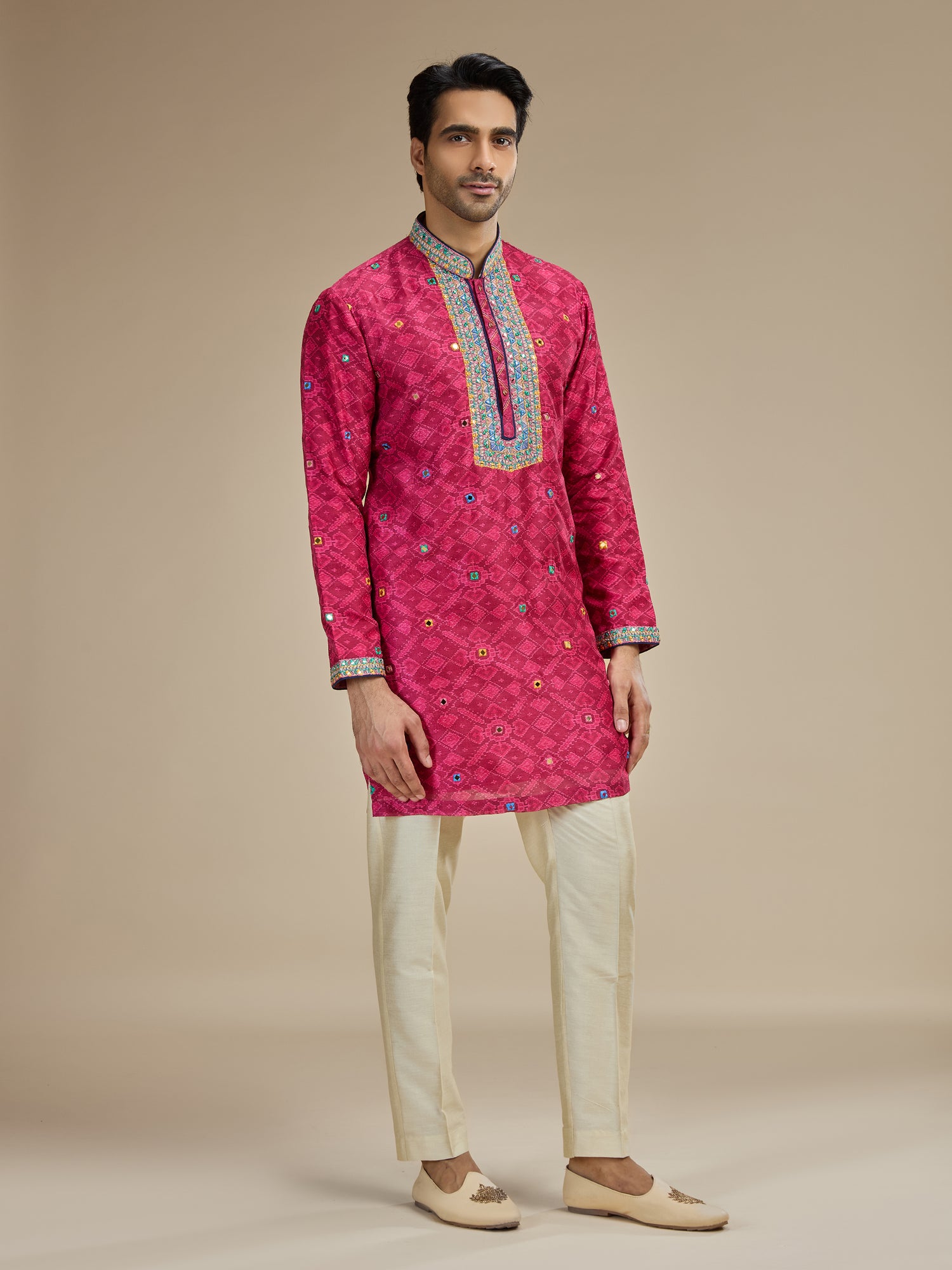 Magenta pink mens kutch embroidered cotton silk kurta suit