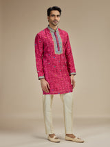 Magenta pink mens kutch embroidered cotton silk kurta suit