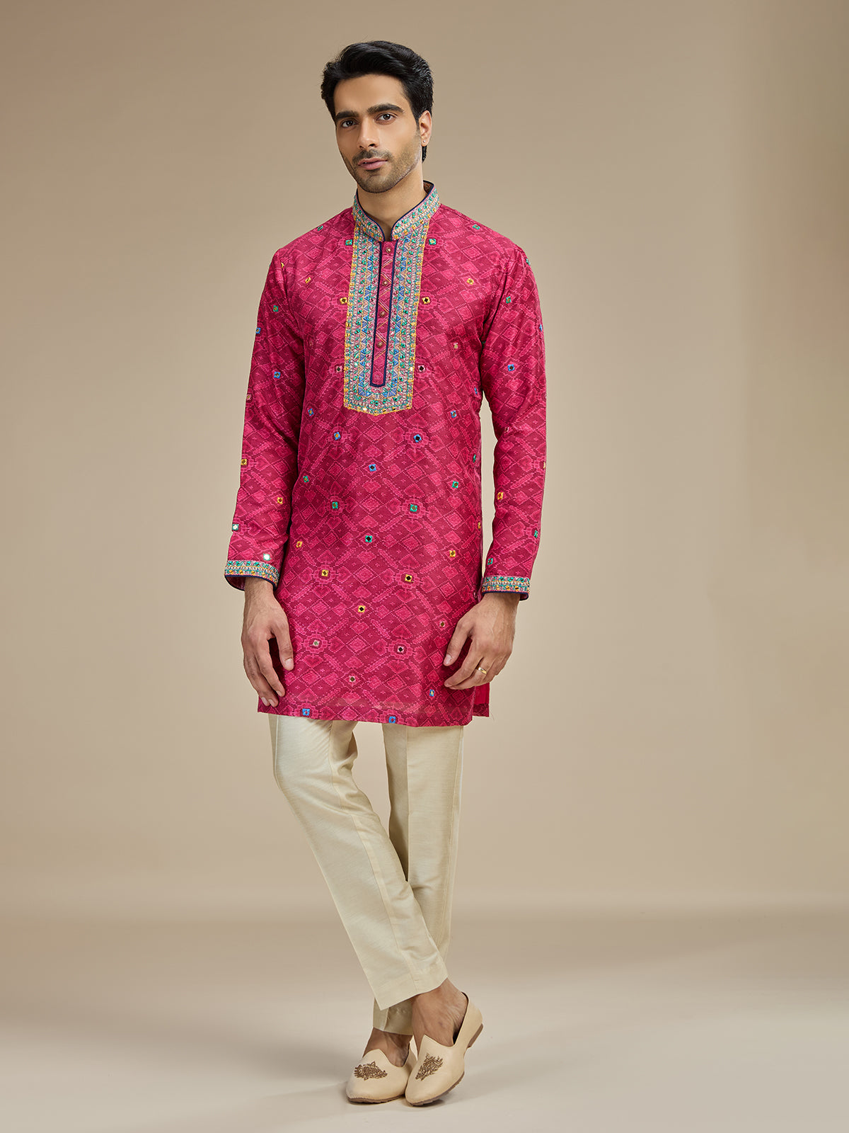 Magenta pink mens kutch embroidered cotton silk kurta suit