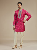 Magenta pink mens kutch embroidered cotton silk kurta suit