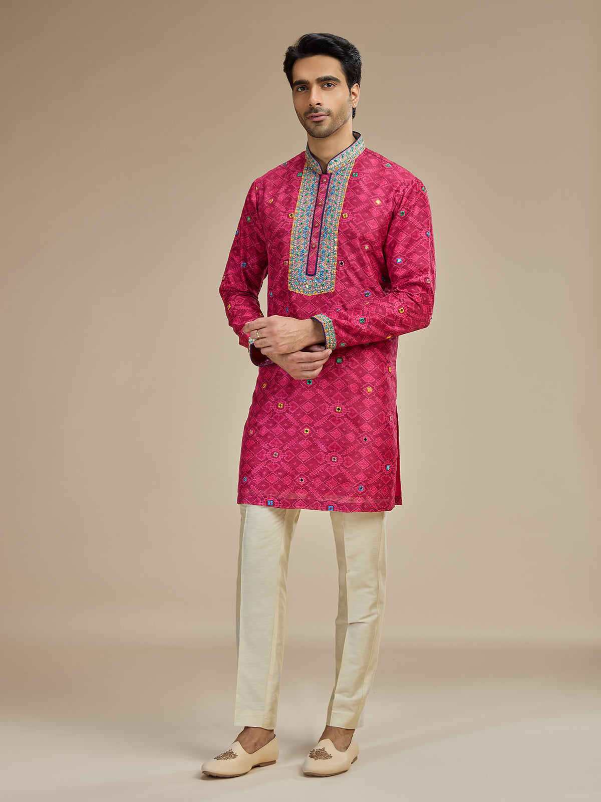 Magenta pink mens kutch embroidered cotton silk kurta suit