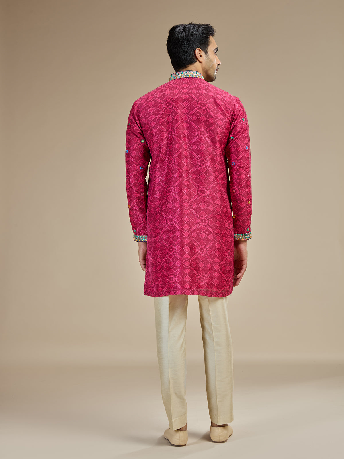 Magenta pink mens kutch embroidered cotton silk kurta suit