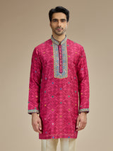 Magenta pink mens kutch embroidered cotton silk kurta suit