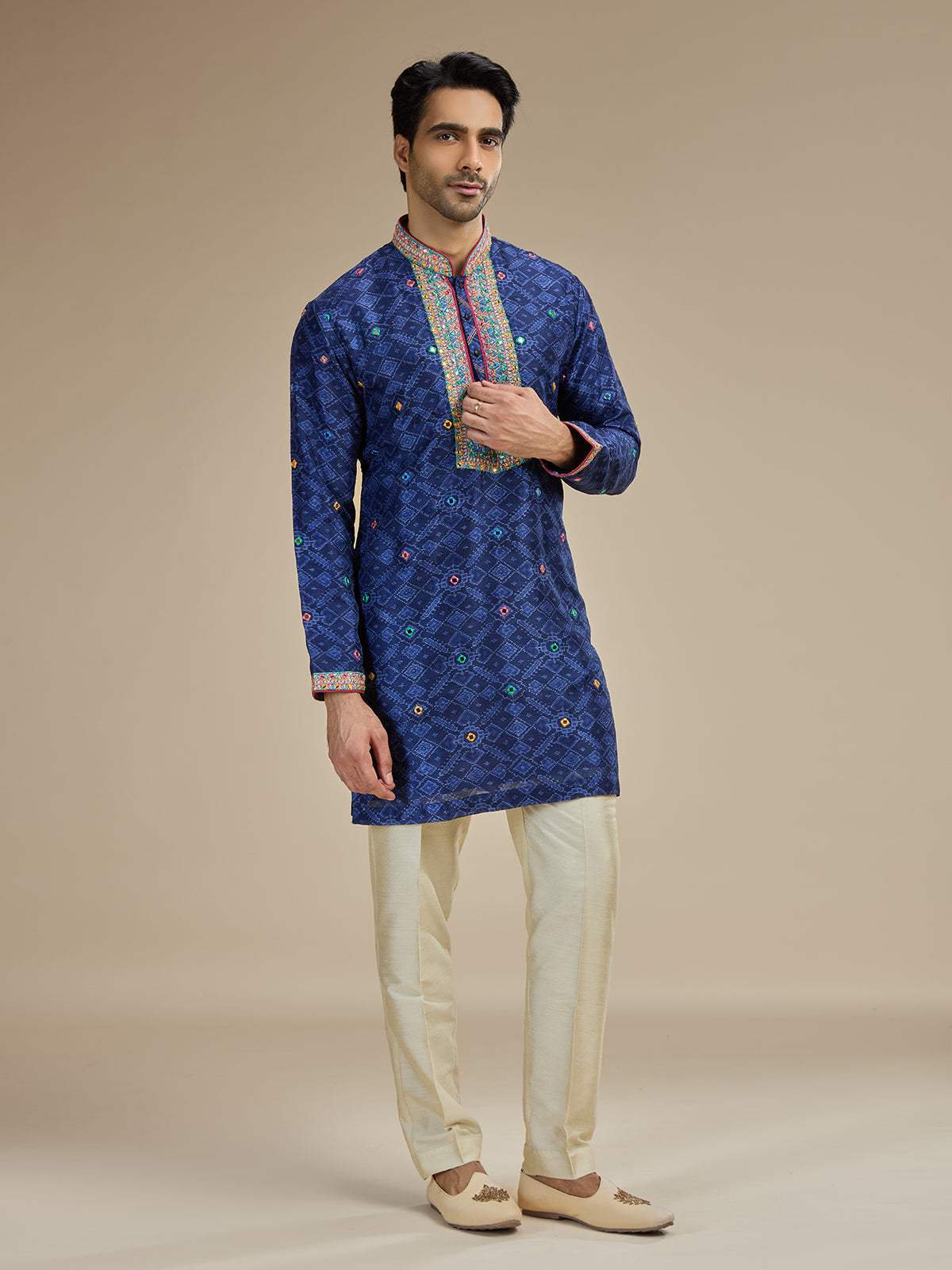 Royal blue mens kutch abhla cotton silk kurta pajama