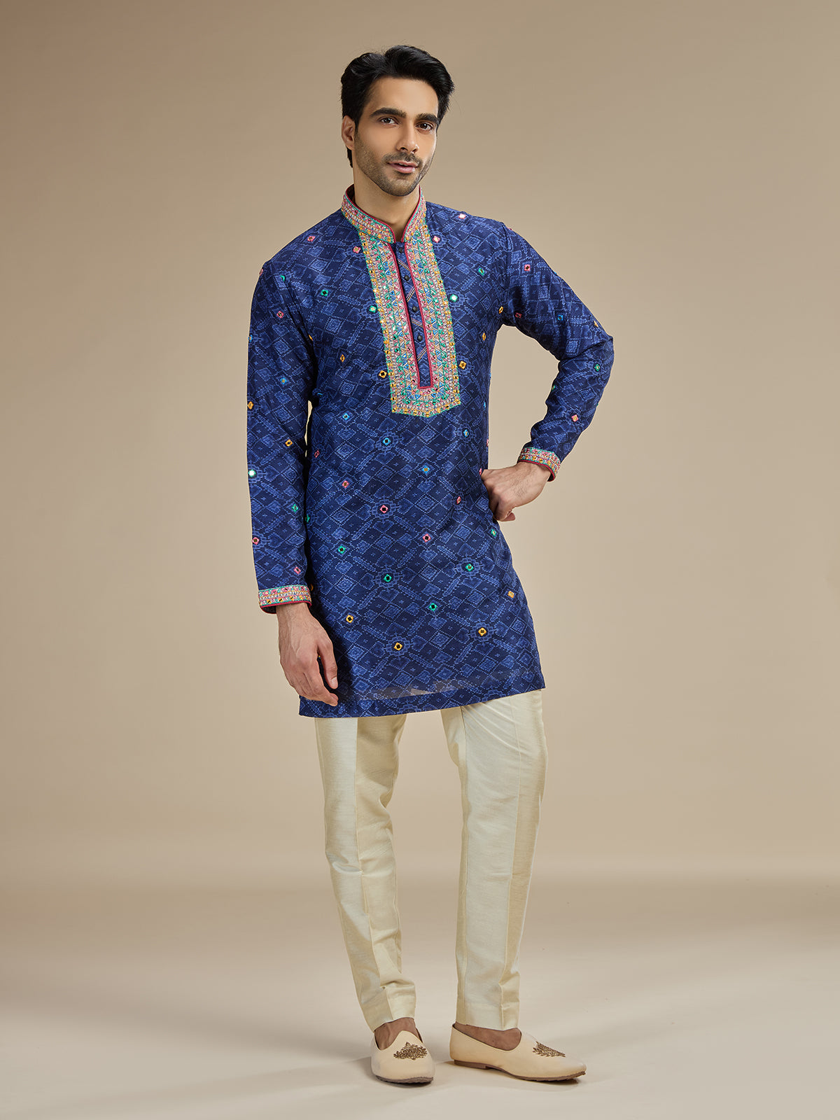 Royal blue mens kutch abhla cotton silk kurta pajama