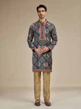Charcoal black mens bandhani kutch embroidered kurta suit