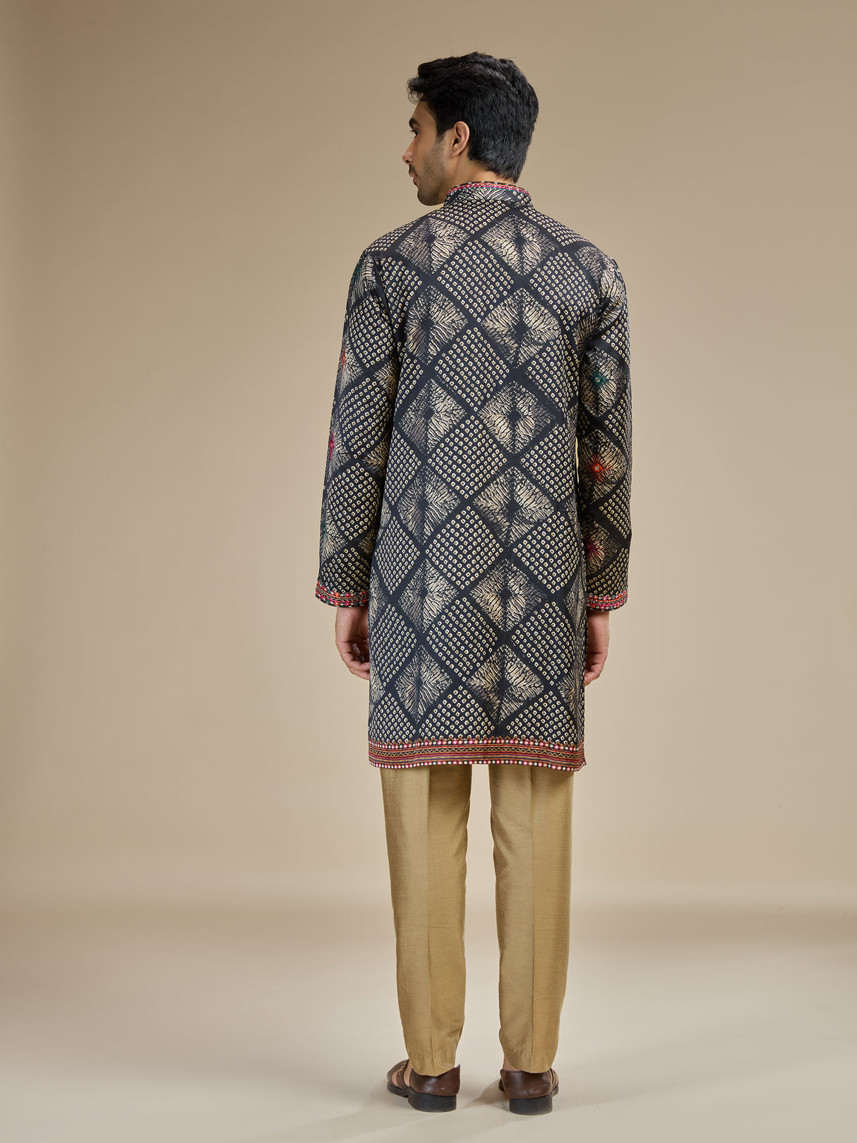 Charcoal black mens bandhani kutch embroidered kurta suit