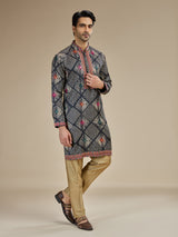 Charcoal black mens bandhani kutch embroidered kurta suit