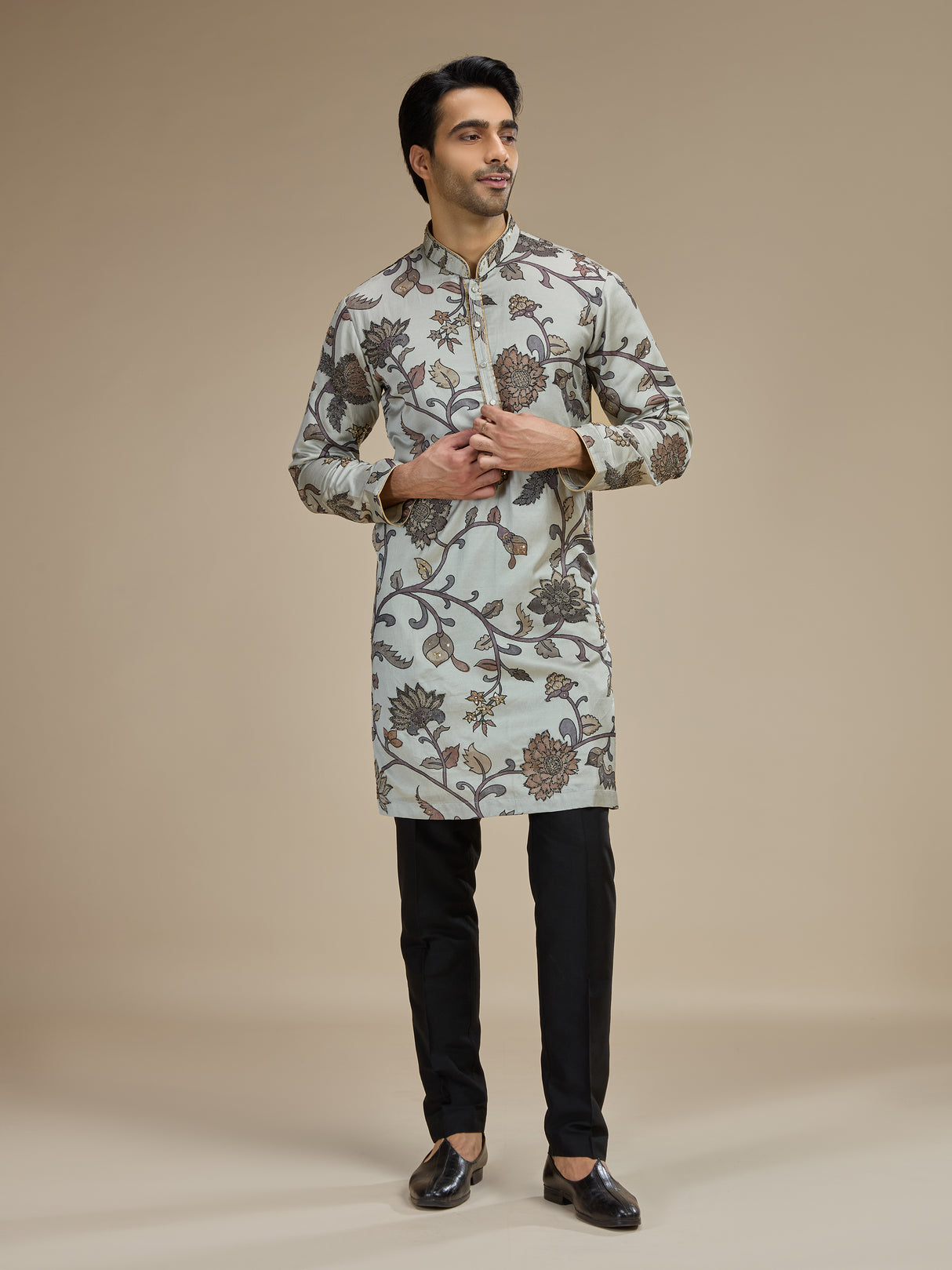 Grey mens botanical tapestry embroidered kurta pajama