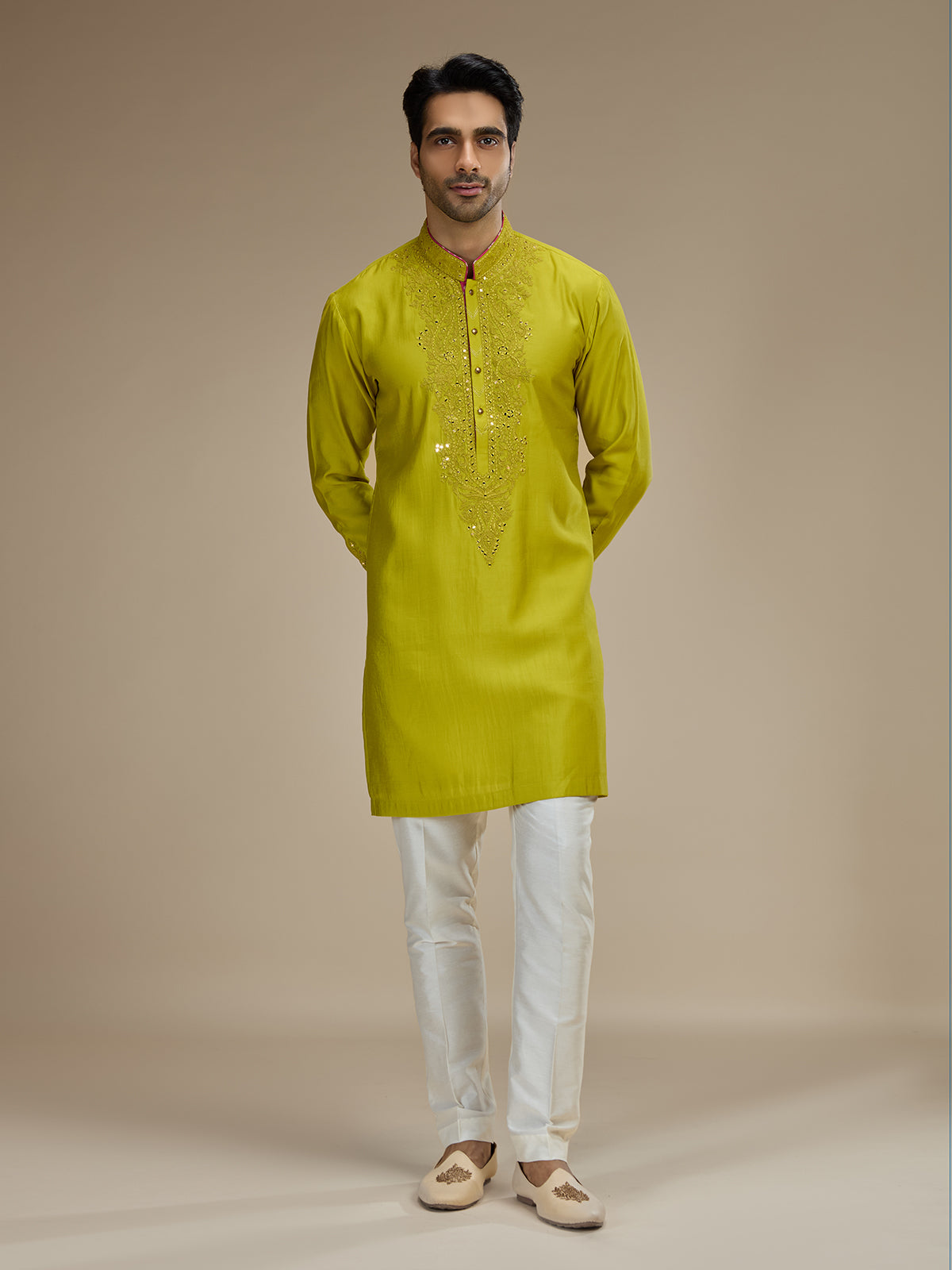 Lime green mens embellished resham silk kurta suit