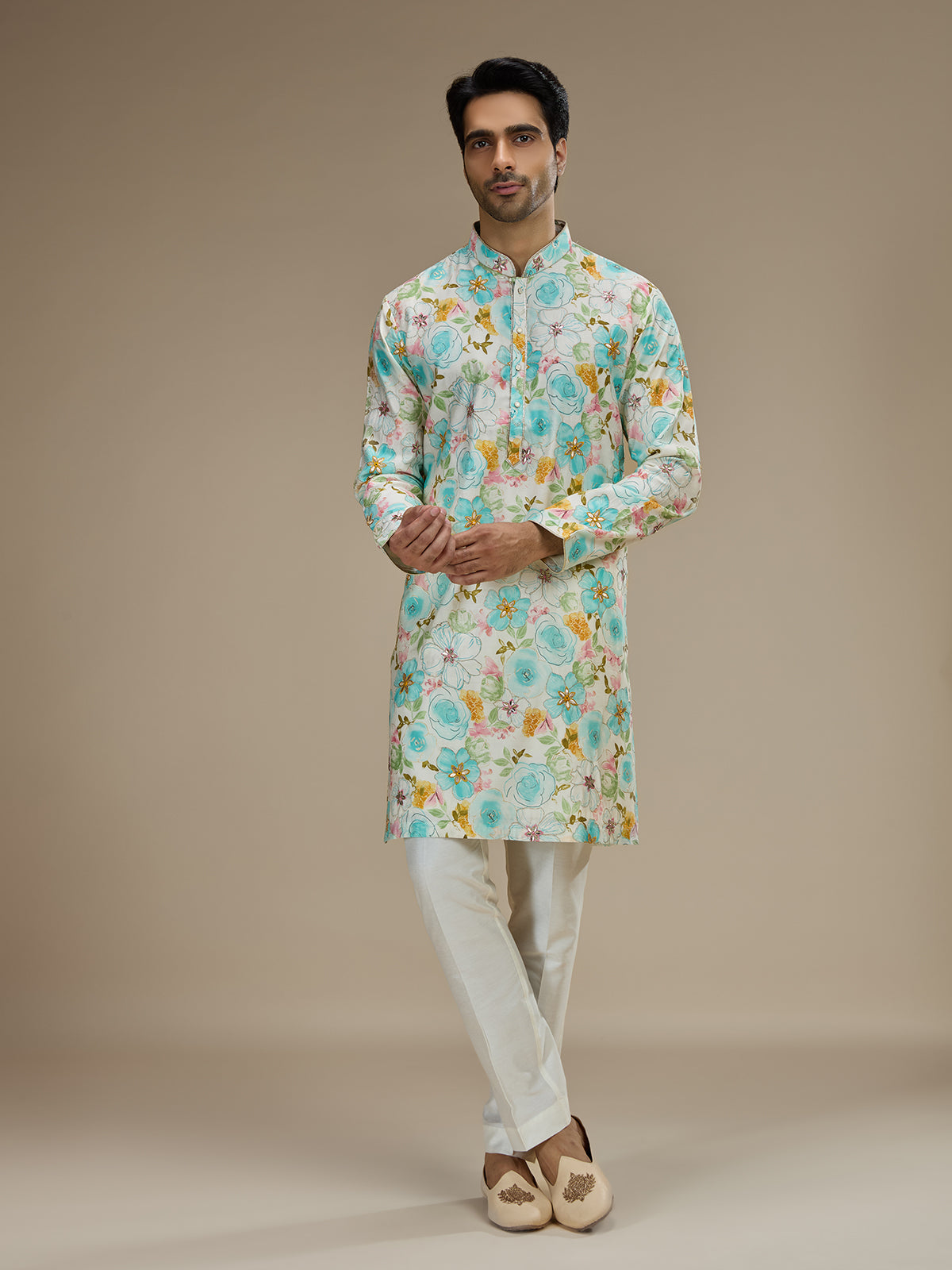 Multi color mens watercolor floral cotton silk kurta pajama