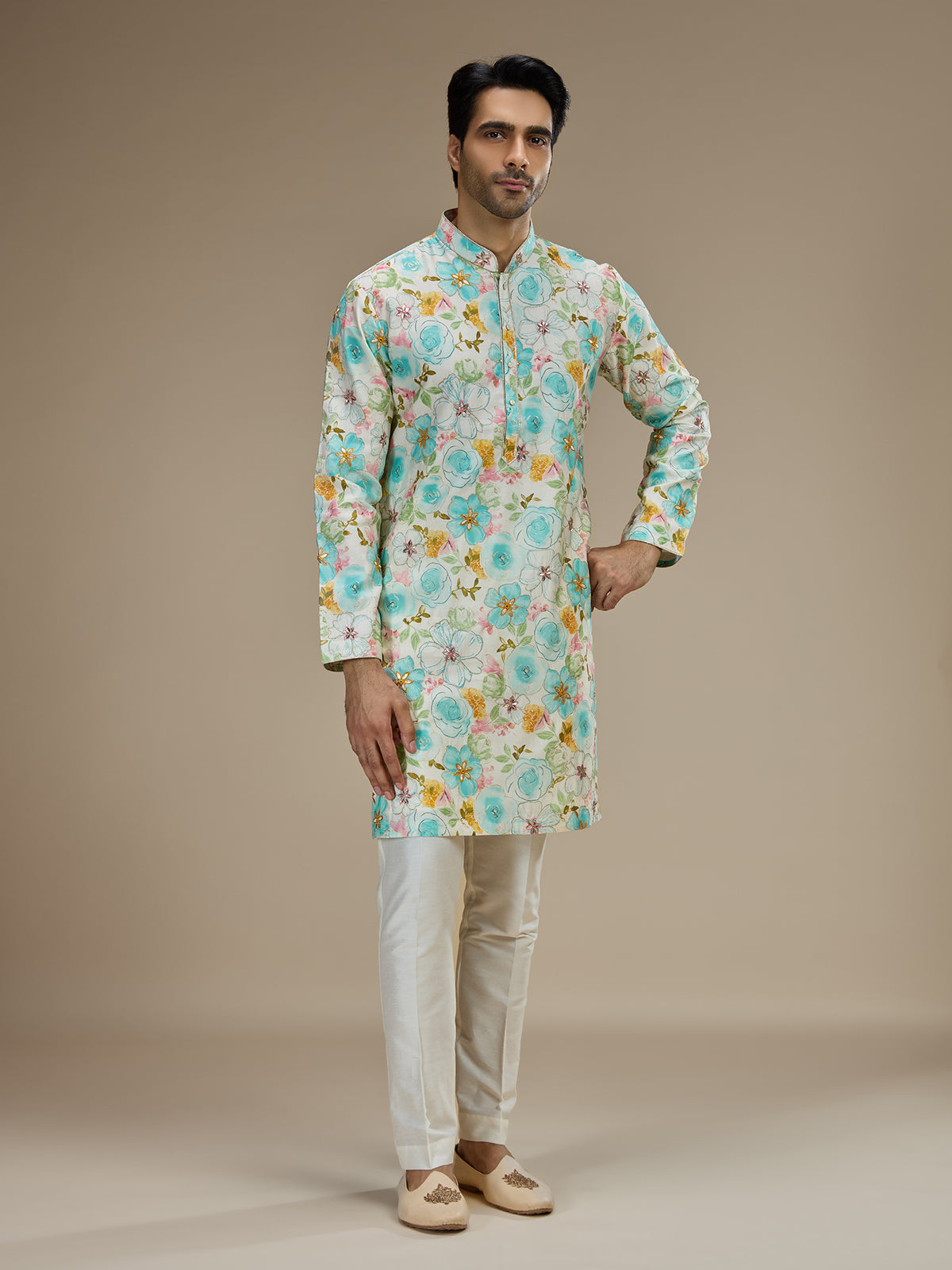 Multi color mens watercolor floral cotton silk kurta pajama