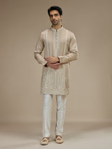 Beige mens paisley embroidered tussar kurta suit