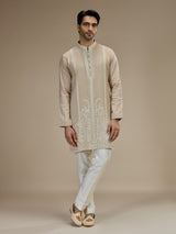 Beige mens paisley embroidered tussar kurta suit