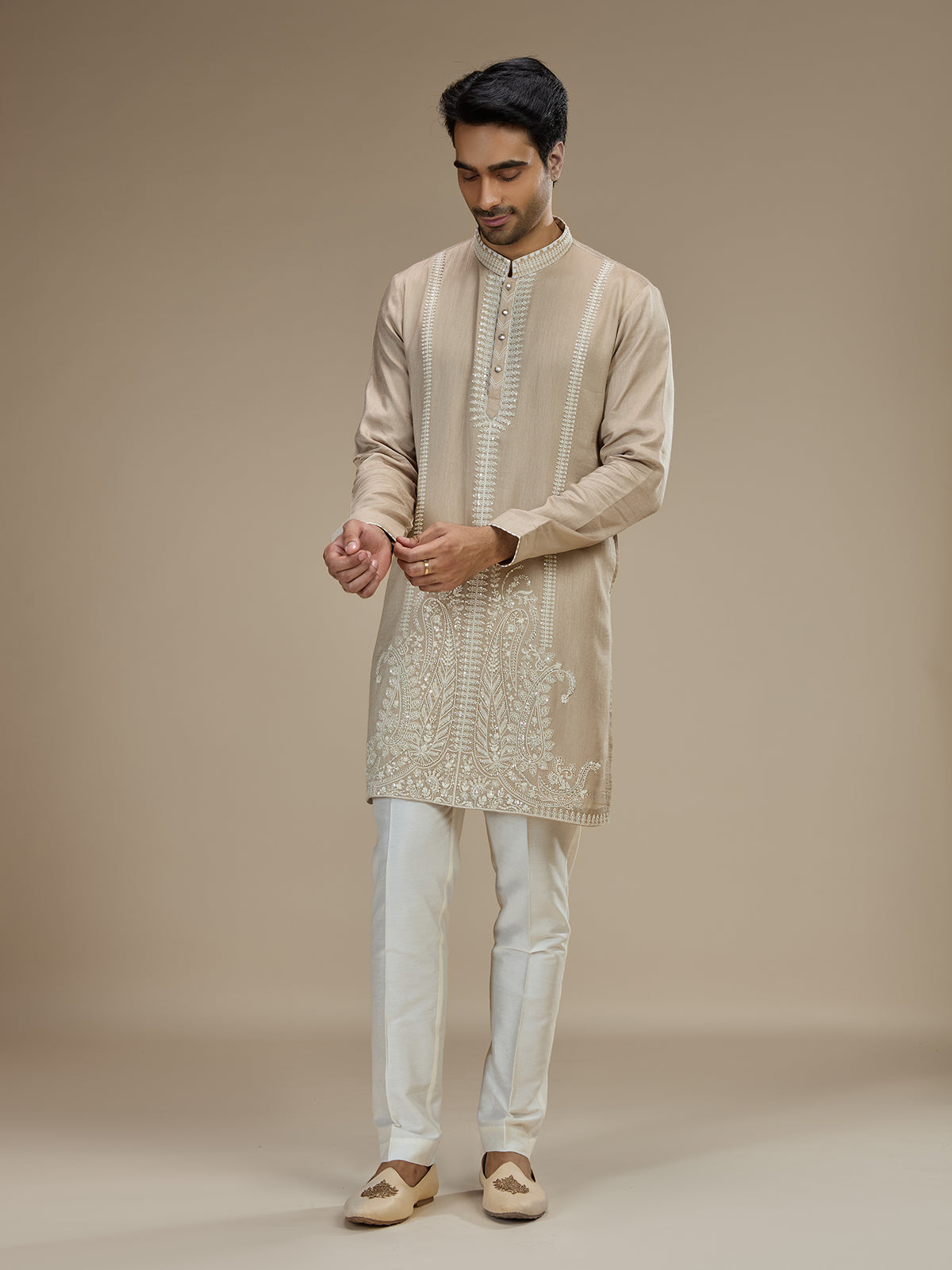 Beige mens paisley embroidered tussar kurta suit